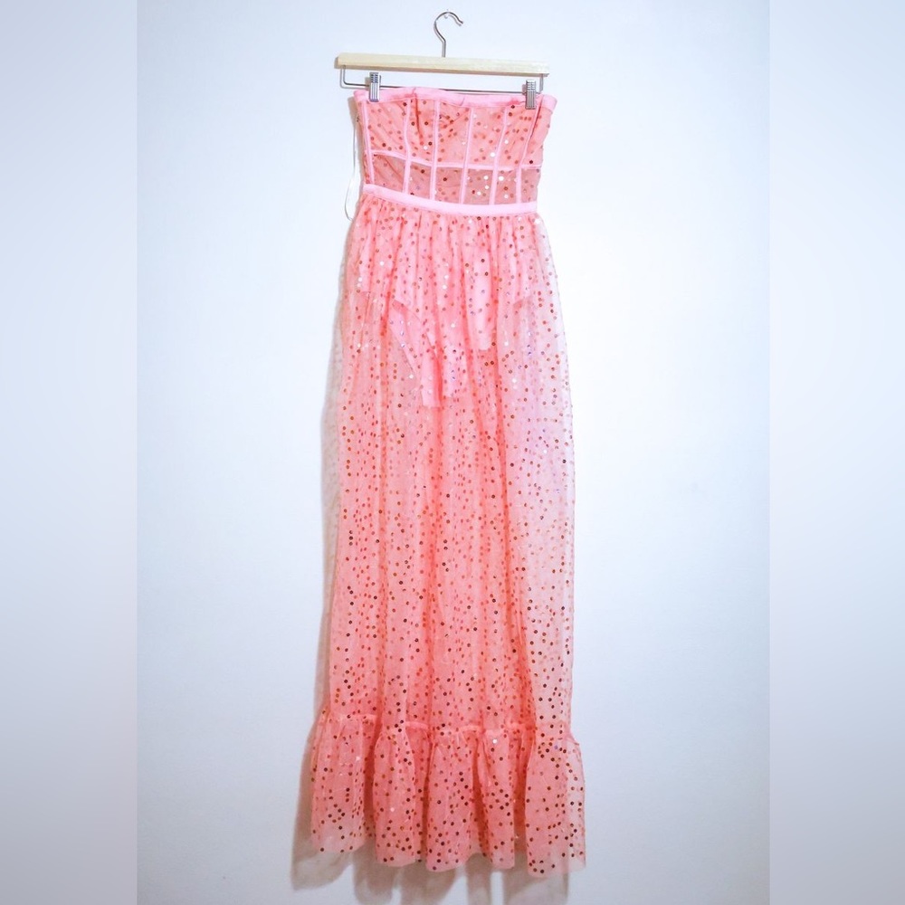 For Love & Lemons Manic Monday Embellished Corset Strapless Mesh Maxi